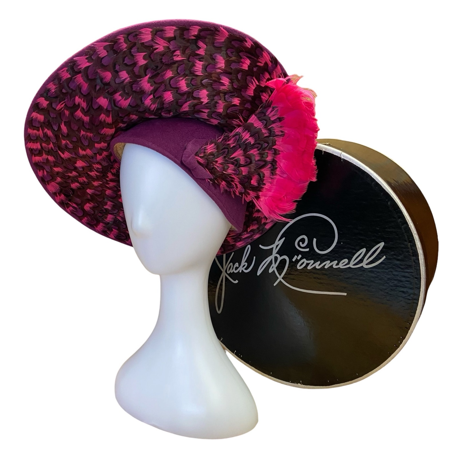 1960s Jack Mcconnell Tilt Hat Fuchsia Velour W/ Feather Trim & Box